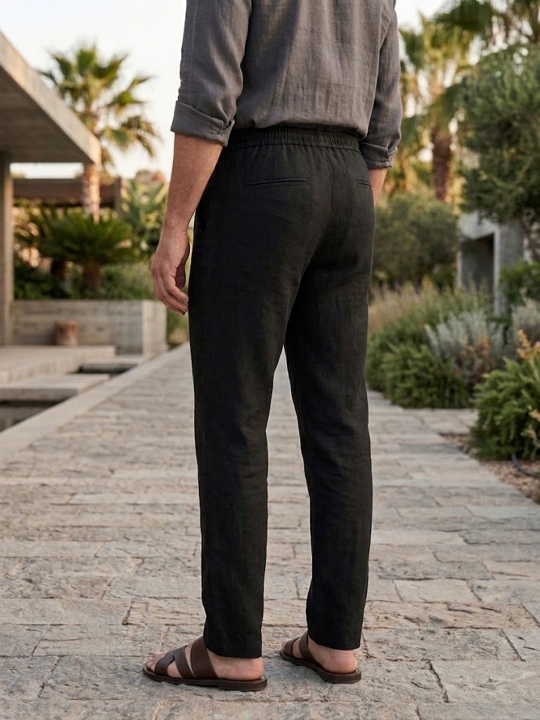 PURE LINEN HALF BELT ELASTIC TROUSER