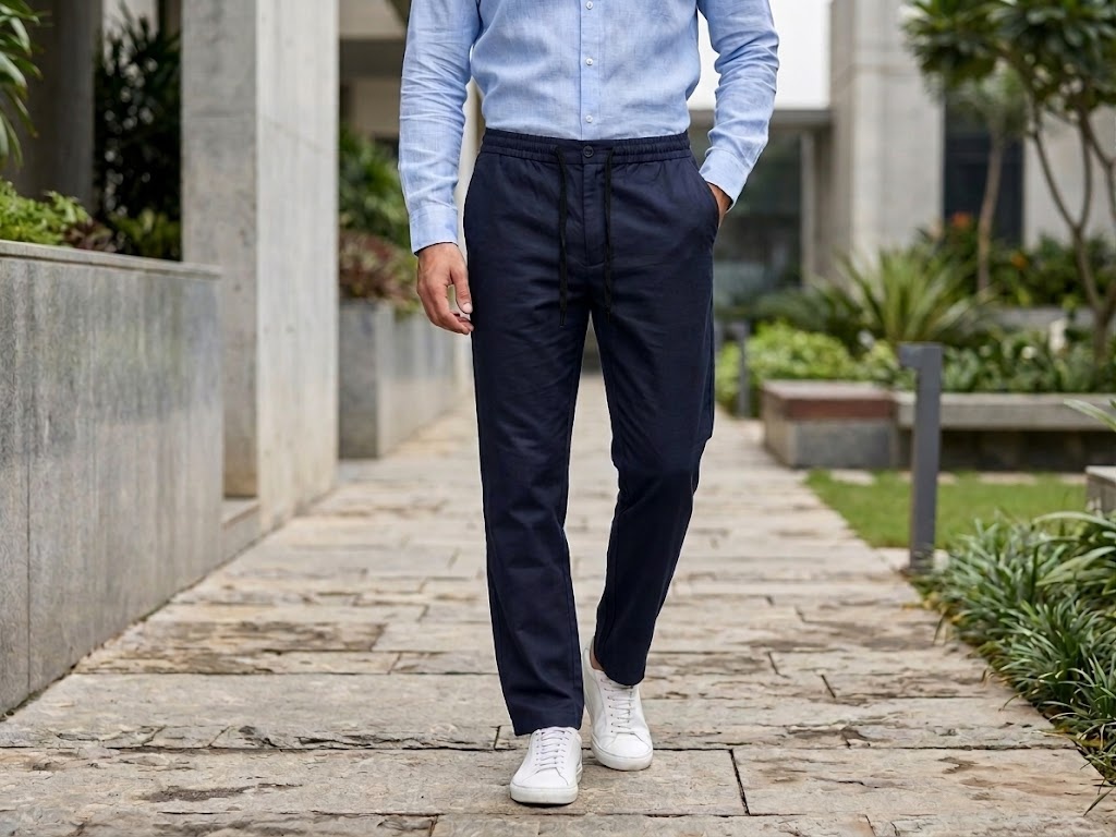 PURE LINEN HALF BELT ELASTIC TROUSER