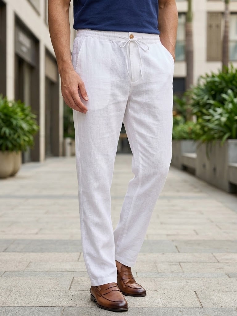 PURE LINEN HALF BELT ELASTIC TROUSER