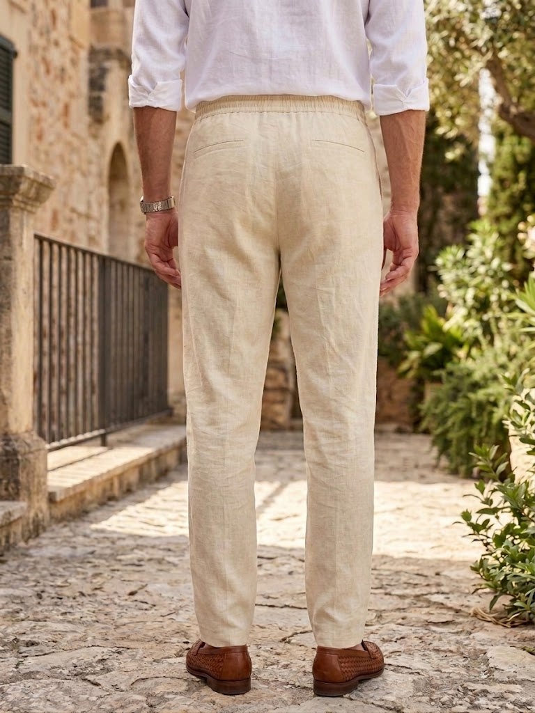 PURE LINEN HALF BELT ELASTIC TROUSER
