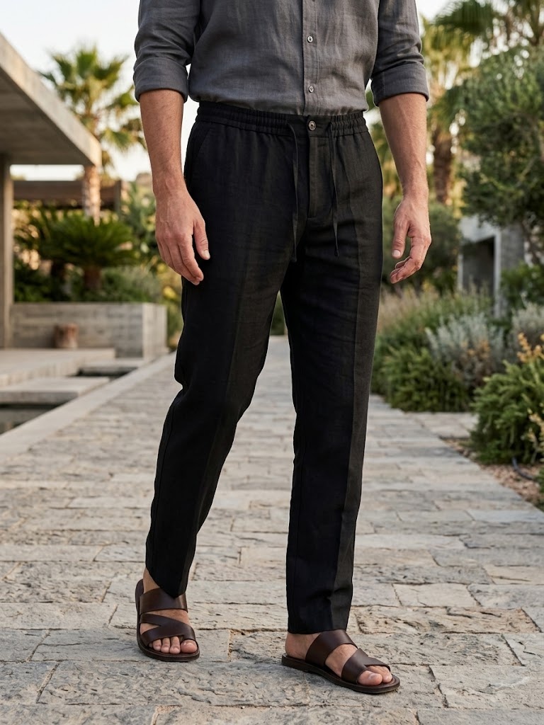 PURE LINEN HALF BELT ELASTIC TROUSER