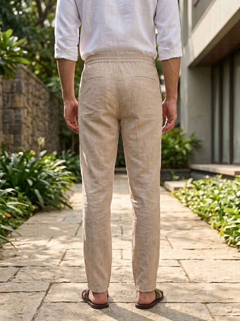 PURE LINEN HALF BELT ELASTIC TROUSER