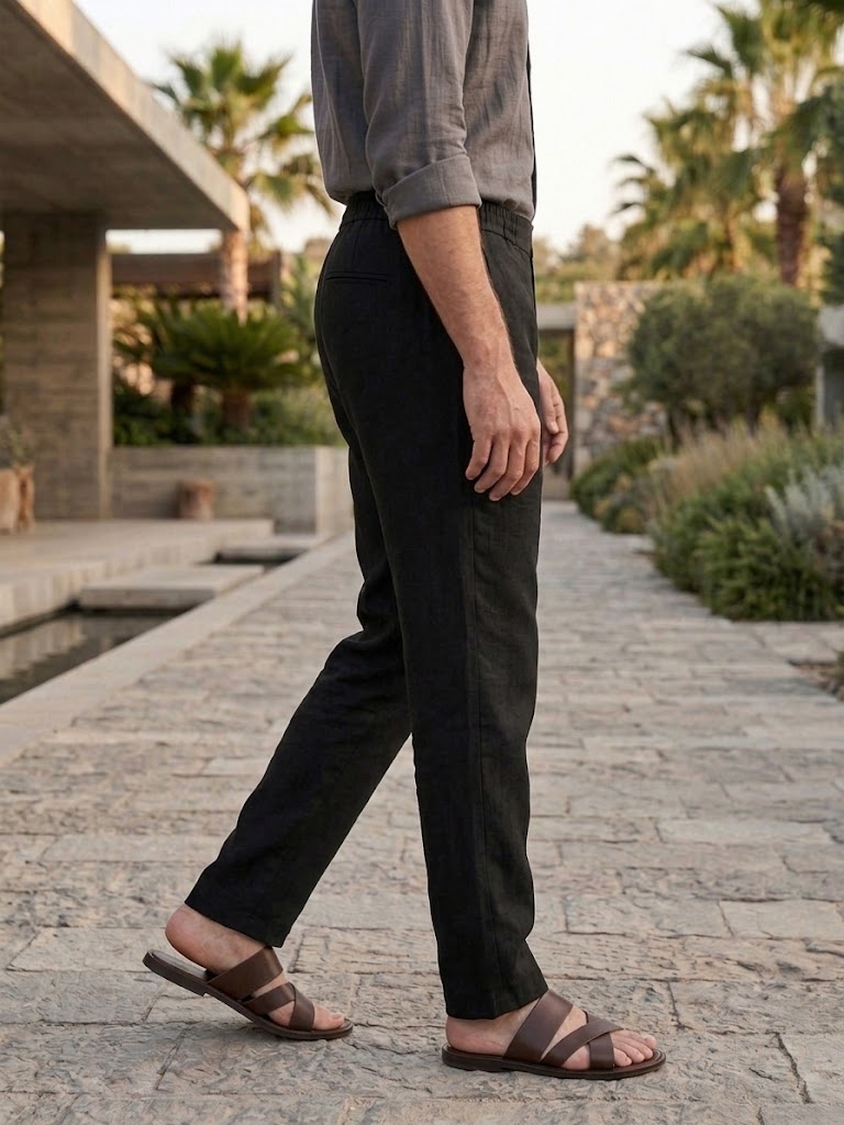 PURE LINEN HALF BELT ELASTIC TROUSER