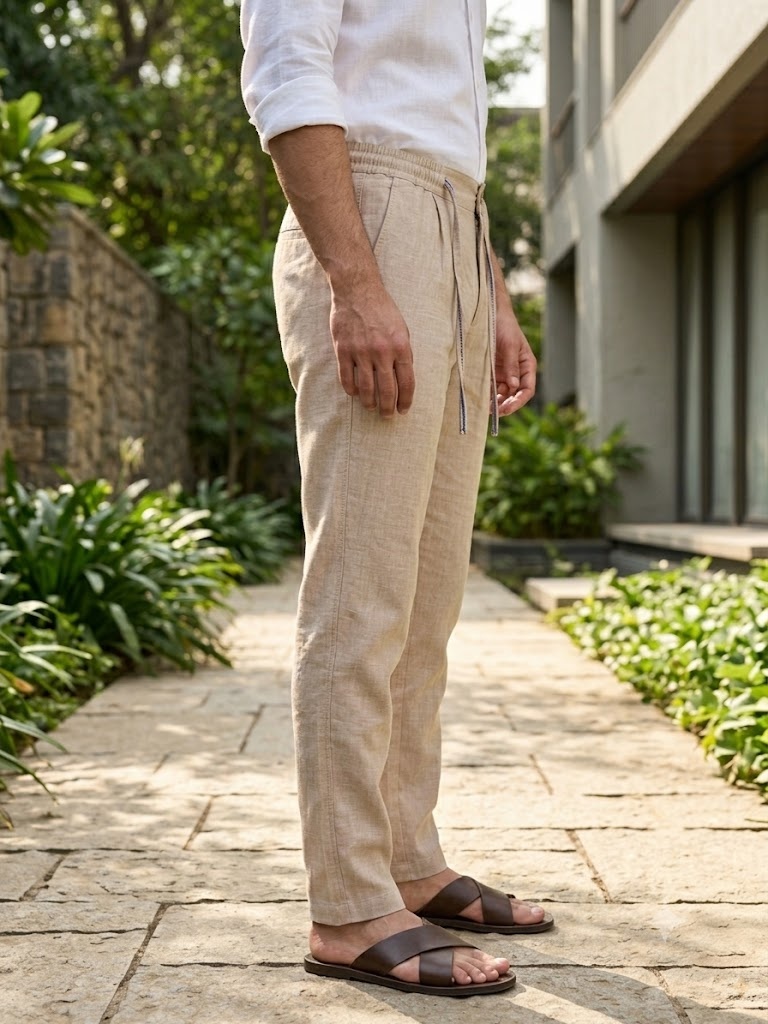 PURE LINEN HALF BELT ELASTIC TROUSER