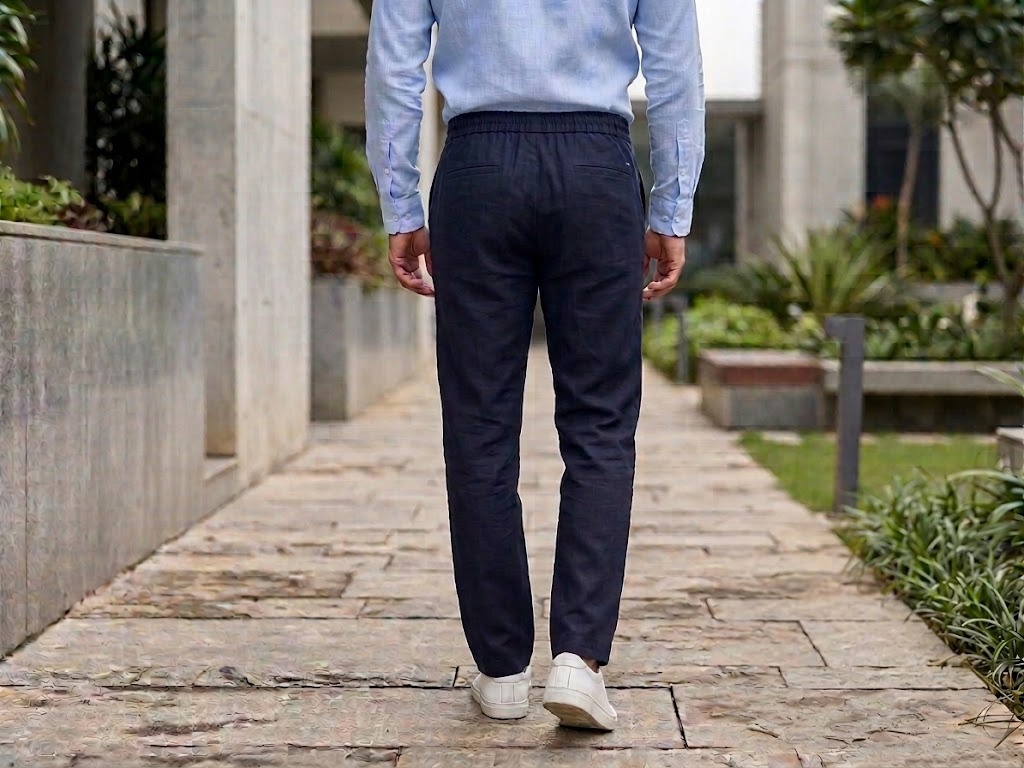 PURE LINEN HALF BELT ELASTIC TROUSER