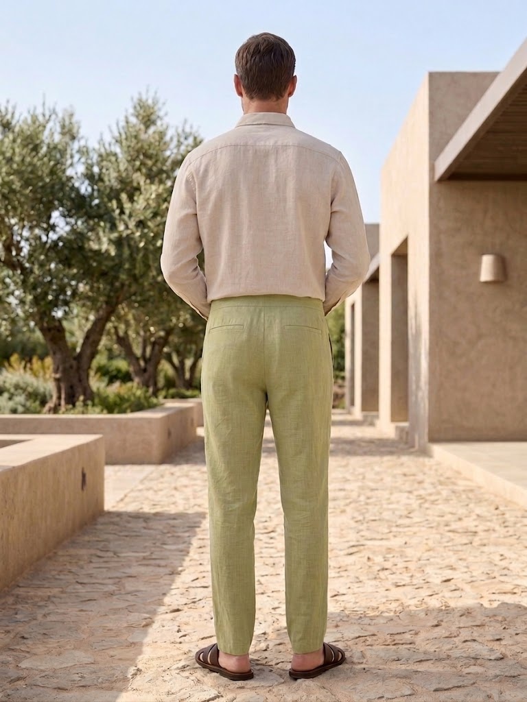 PURE LINEN HALF BELT ELASTIC TROUSER