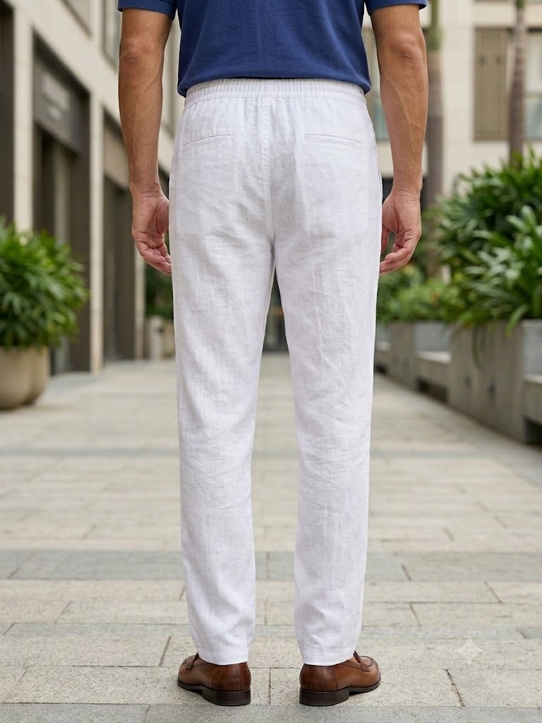 PURE LINEN HALF BELT ELASTIC TROUSER