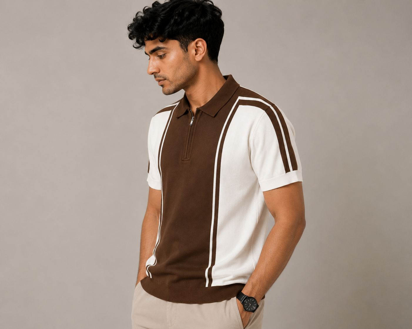 KNIT POLO BROWN GEOMETRIC