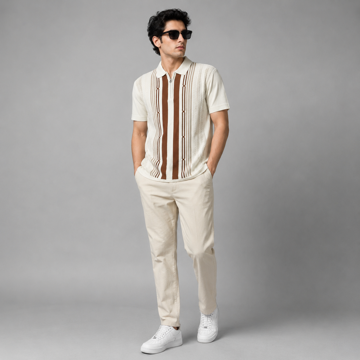 KNIT WHITE BROWN ZIPPER POLO