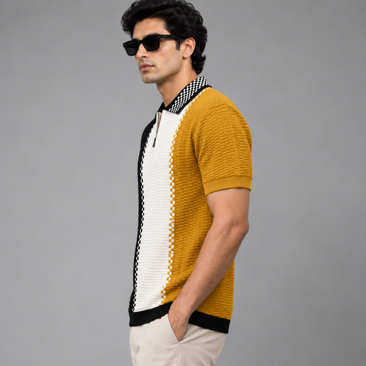 COTTON KNIT MUSTARD BLACK BOX POLO