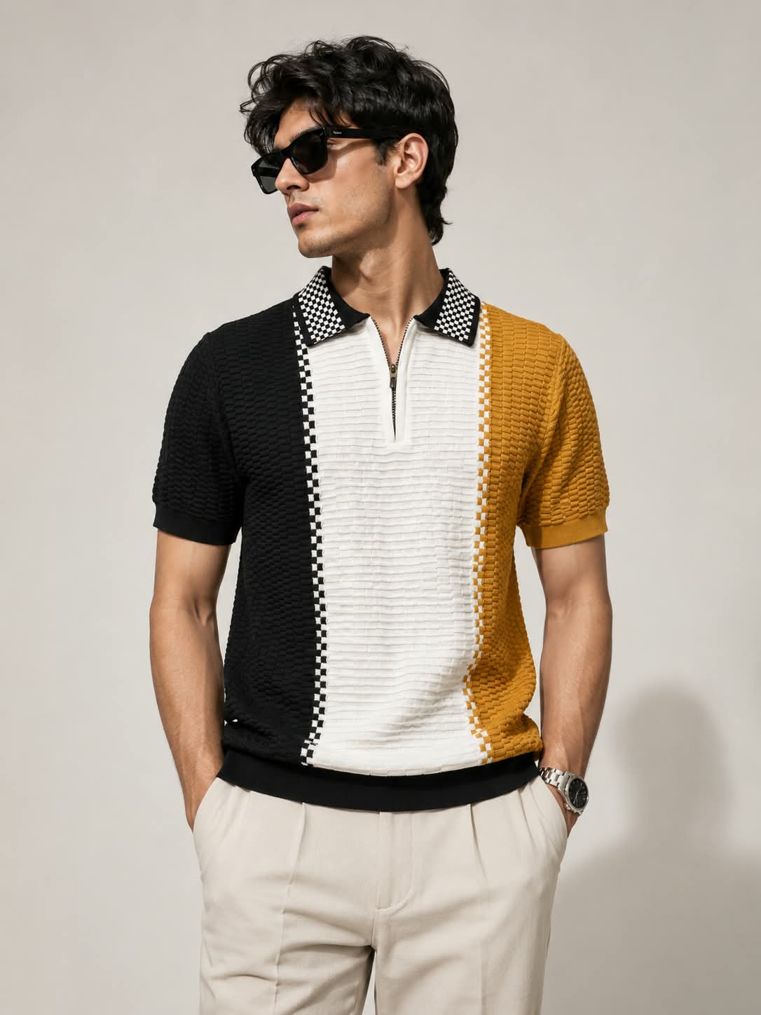 COTTON KNIT MUSTARD BLACK BOX POLO