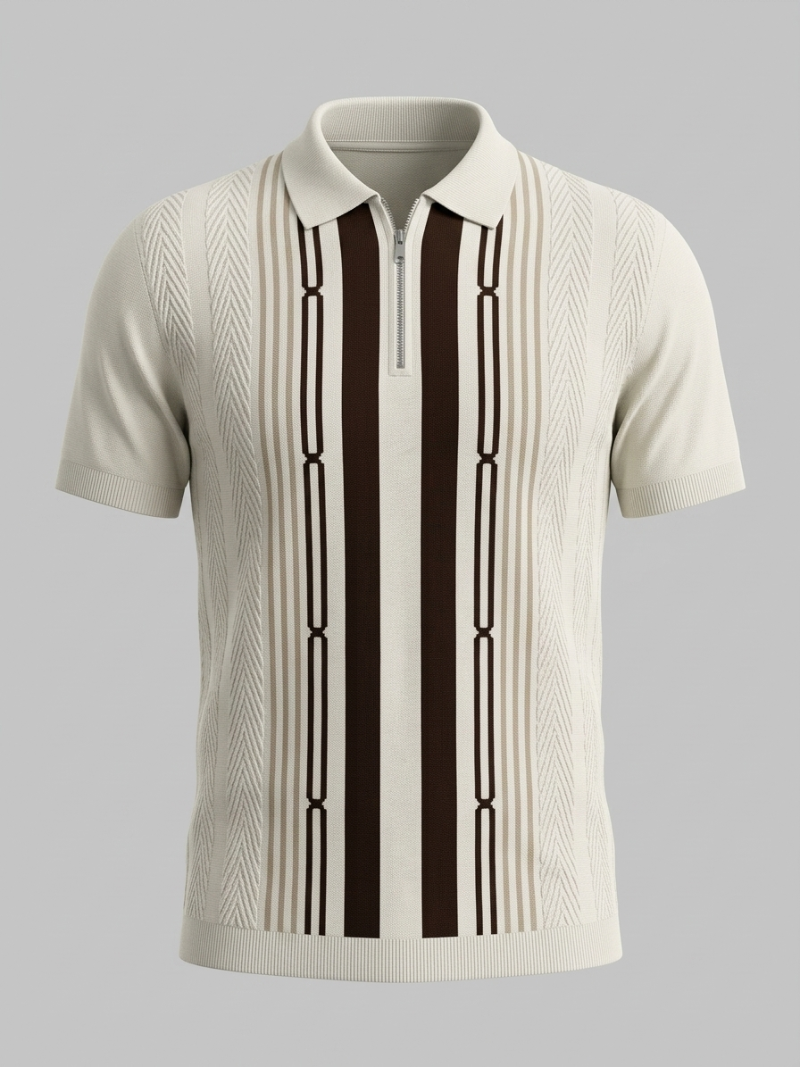 KNIT WHITE BROWN ZIPPER POLO