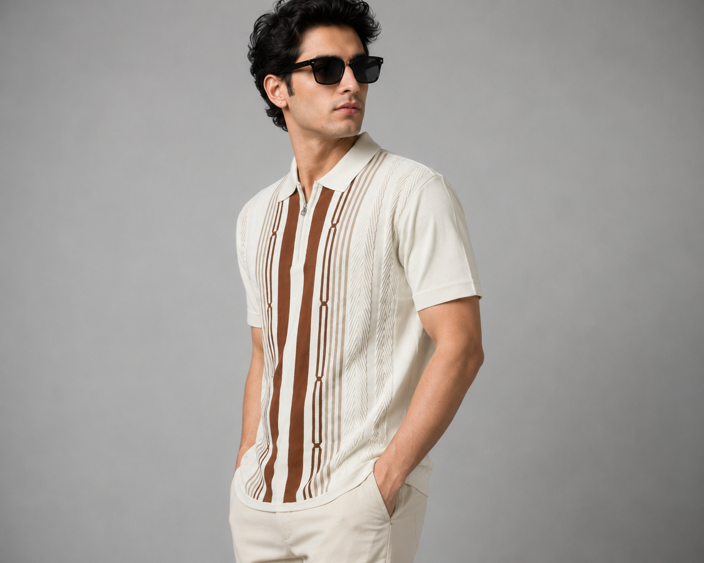 KNIT WHITE BROWN ZIPPER POLO