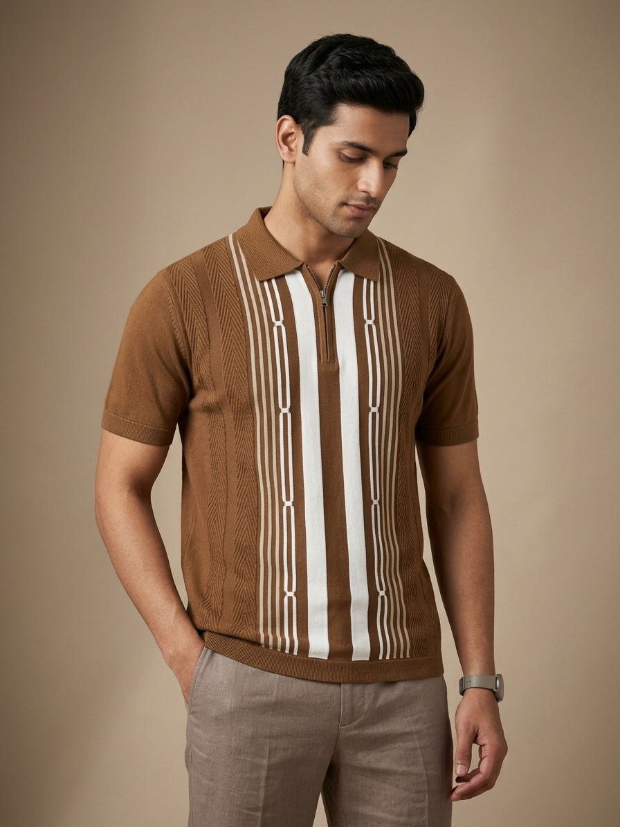 PREMIUM KNIT BROWN WHITE ZIPPER POLO