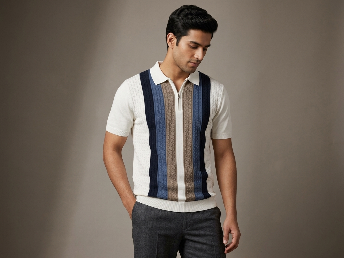 COTTON KNIT WHITE GERMAN BLUE ZIPPER POLO