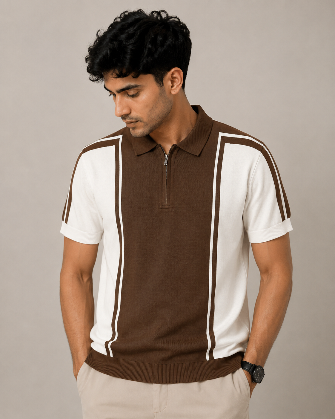 KNIT POLO BROWN GEOMETRIC