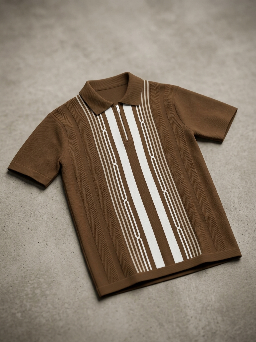 PREMIUM KNIT BROWN WHITE ZIPPER POLO