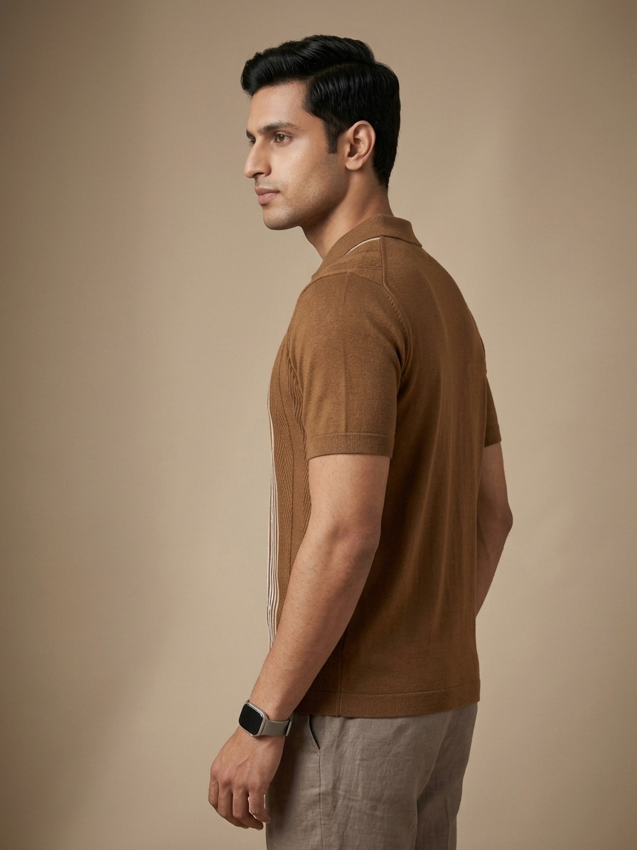 PREMIUM KNIT BROWN WHITE ZIPPER POLO