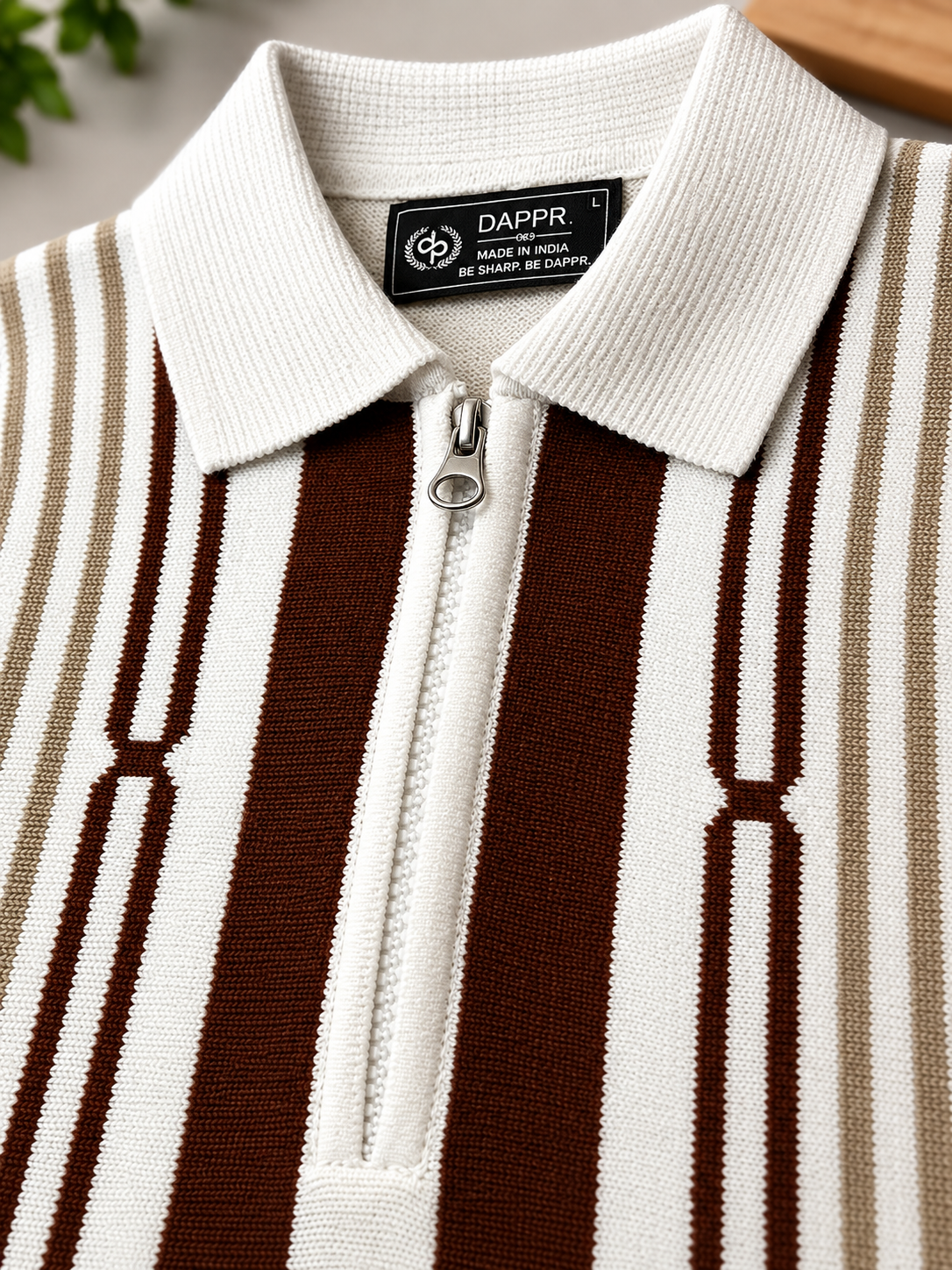 KNIT WHITE BROWN ZIPPER POLO