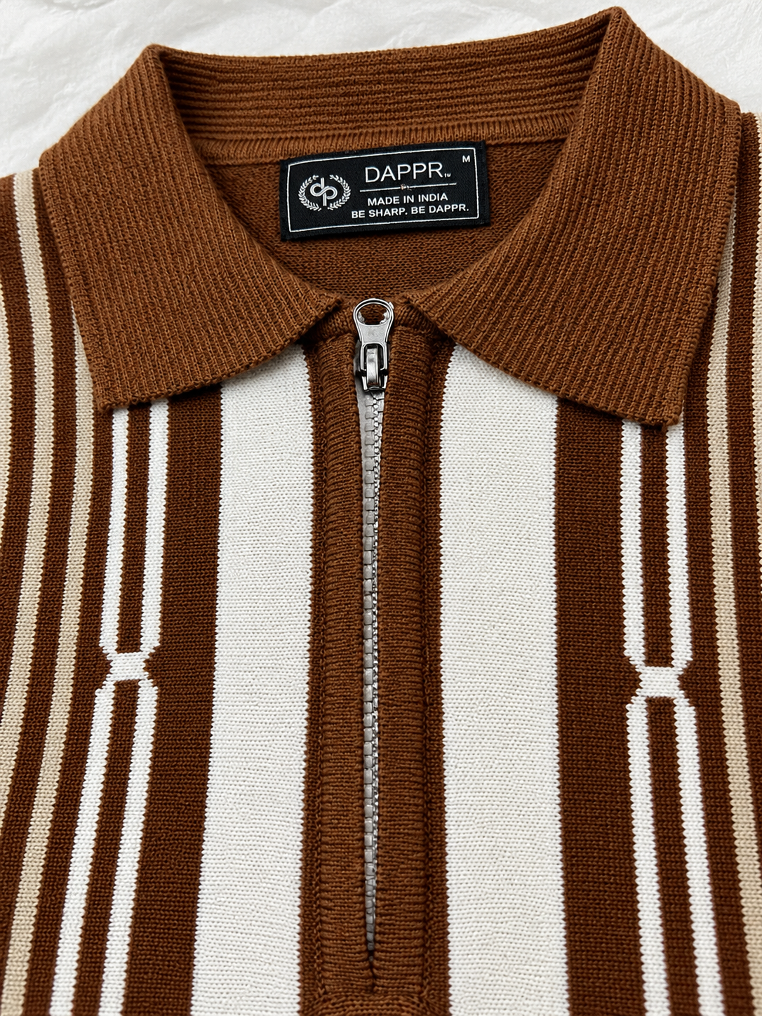 PREMIUM KNIT BROWN WHITE ZIPPER POLO
